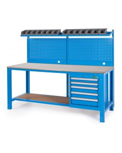 Work table 200 x 70 cm with tool wall and stainless steel worktop